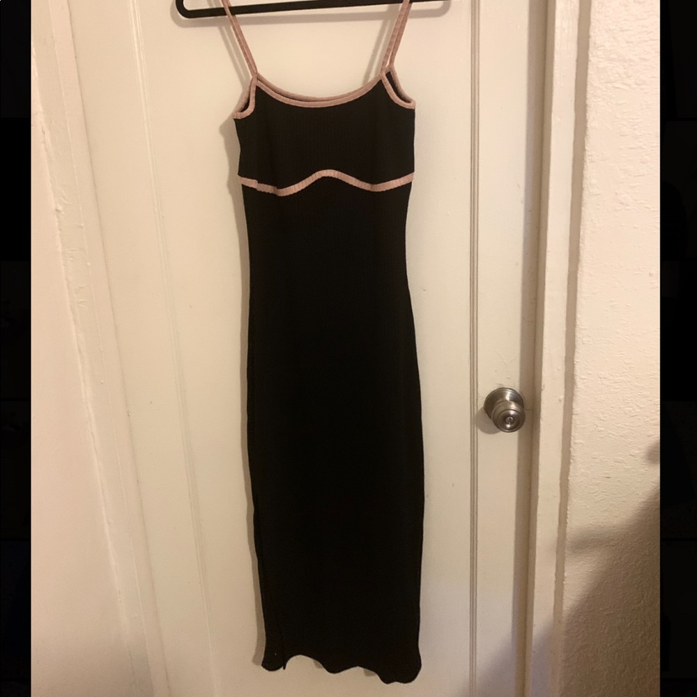 Rachel Pally: Sexy Black Bodycon Midi Dress with Slit and Tan Details (size L)